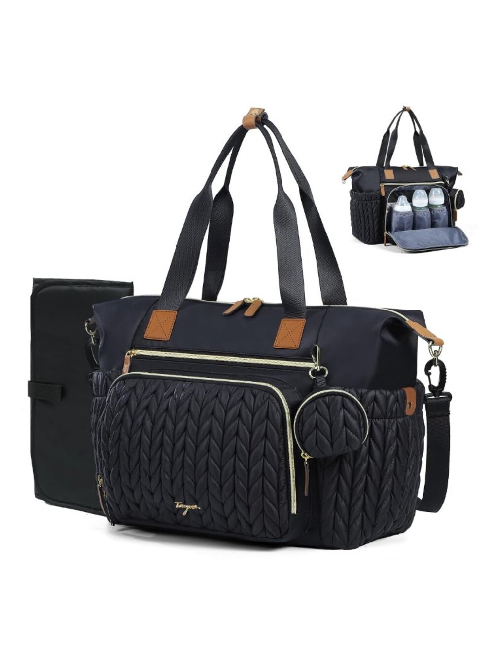 Quilted Nylon Diaper Bag Tote with Changing Pad, Large Capacity